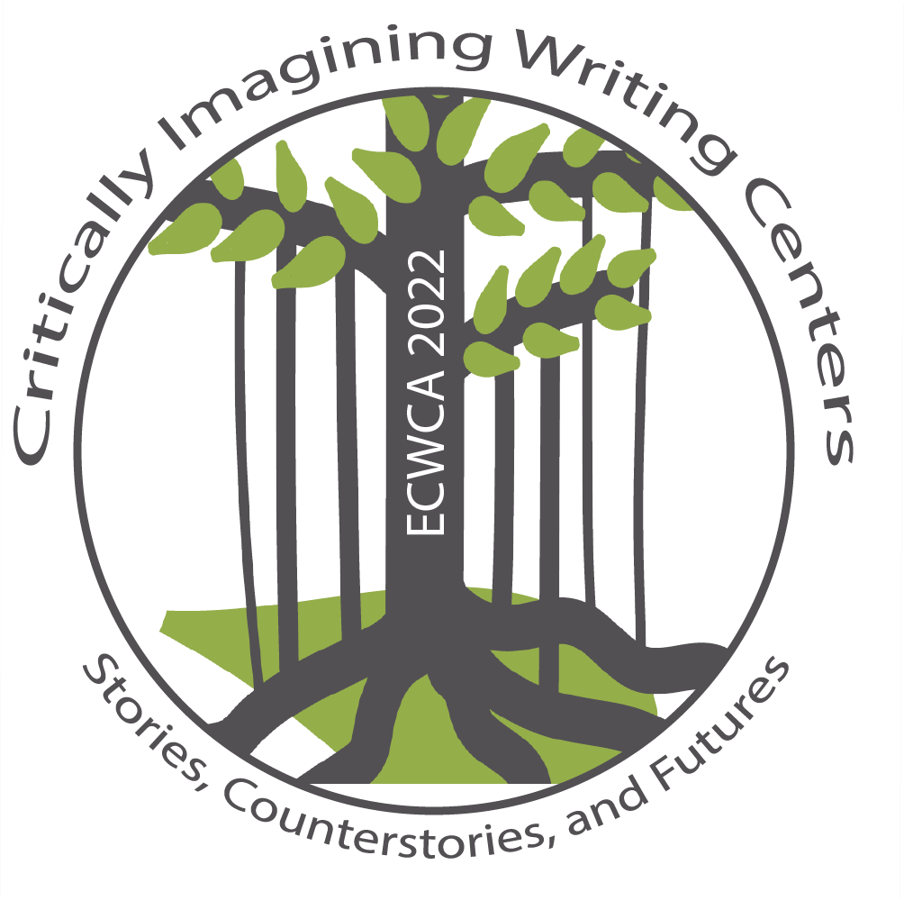 Banyan tree graphic with text that reads Critically Imagining writing centers: stories, counterstories, and futures, ECWCA 2022